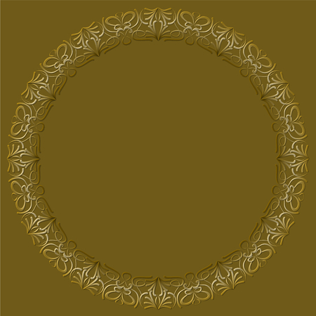 Filigree lace patterns, luxurious art deco design. Golden circle frame on dark golden background. Template for announcement. Embossed patterns with 3d effect.のイラスト素材