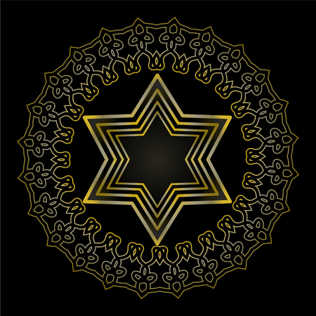 Star of David on black background. Isolated jewish religious motif. Golden David star in circle frame with antiquarian embossed floral ornament.のイラスト素材