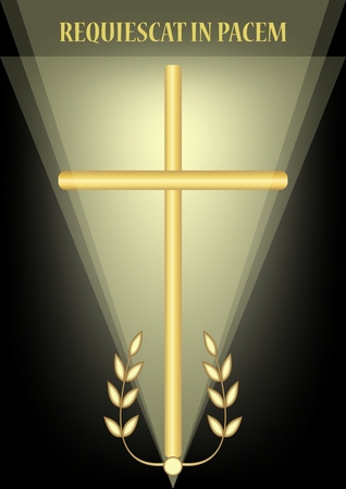 Funeral decoration with simple golden cross and laurel branches, luxurious burial decoration on black background with blurry light, inscription Requiescat in pacem - Rest in peace, vector illustrationのイラスト素材