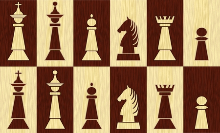 Set of chess pieces on chessboard fields, wooden inlay design, white piece on black field, black piece on white fieldのイラスト素材