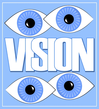 Vision label or banner with white letters and two pairs of blue eyes on light blue background. Motivation icon for business.の写真素材