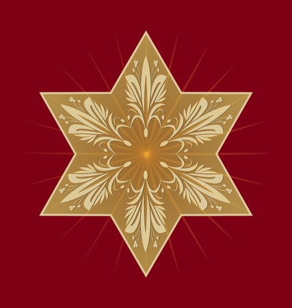 Star of David on dark red background. Golden David star with antiguarian embossed floral ornament. Isolated jewish religious motif.のイラスト素材
