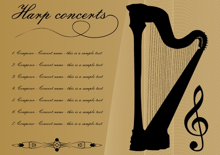 Harp concerts program template with black harp silhouette, sample text, calligraphic ornament and treble clef on gold background with abstract curvesのイラスト素材