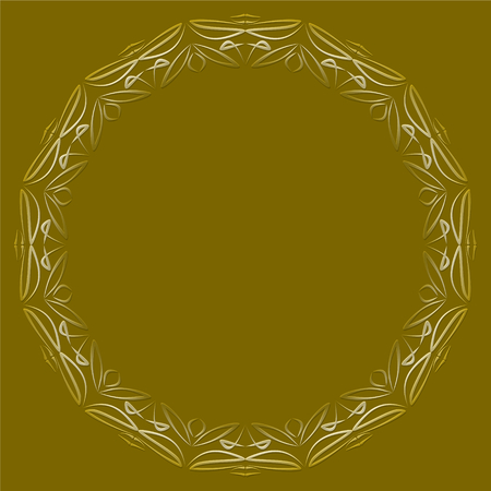 Circle frame with lace patterns, luxurious art deco design. Golden filigree 3d frame on dark golden background. Embossed patterns. Template for announcement, invitation.の写真素材