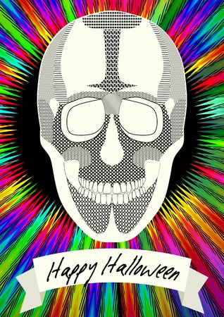 Human skull drawing on Halloween flyer, Happy halloween ribbon inscription on black background with psychedelic rainbow raysの写真素材