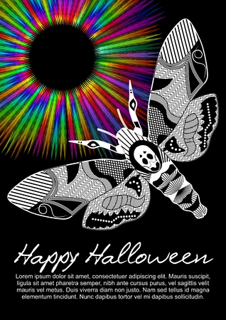 Deaths head hawkmoth on halloween flyer on black background with rainbow psychedelic circle raysの写真素材