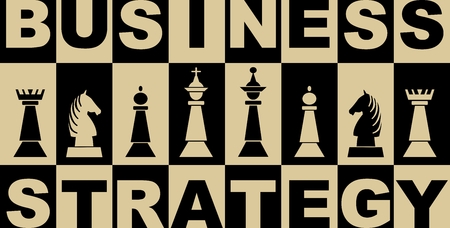 Business strategy banner in black and beige design with chess pieces, chessboard with inverse letters and chess piecesのイラスト素材