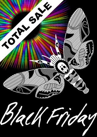 Black Friday Total Sale with deaths head hawkmoth drawing and psychedelic rainbow rays on black background, vector leaflet templateのイラスト素材