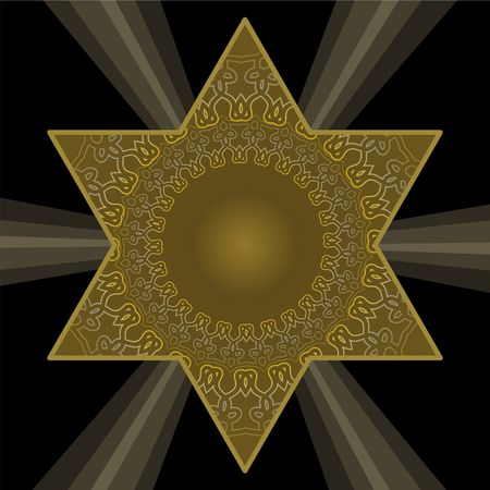 Golden Star of David in antique style. Filigree patterns on dark gold color. Jewish religious symbol on black background with rays of light.のイラスト素材