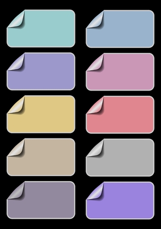 Set of empty labels in different pastel colors, rectangle paper wirh rolled corners, badge for own text, Useful for discount, sale, product information, vector designのイラスト素材