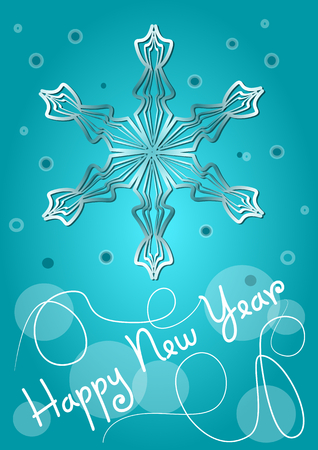 New year placard, flyer. Cool blue New year party bakcground with 3d snowflake and inscription Happy New Year, vector leaflet templateのイラスト素材