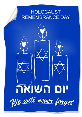Holocaust remembrance day, hebrew text yom hashoah. Flyer with drawing in street art style with candles. Israel national colors blue and white.のイラスト素材