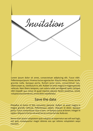 Invitation template with mailing envelope, 3d illusion, white envelope on golden background, headline invitationのイラスト素材