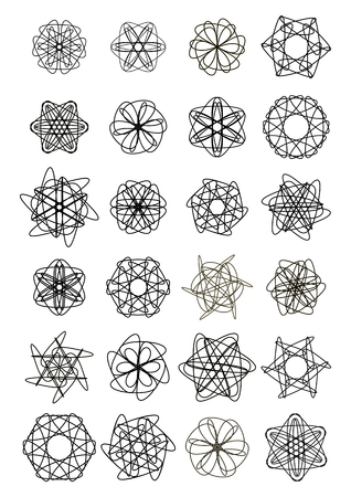 Mega set of small circle lace design elements, black drawing on white background, symmetric geometric filigree shapes, vector design shapeのイラスト素材