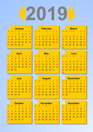 Calendar 2019 in sun colors, months in yellow frames on light blue background.のイラスト素材