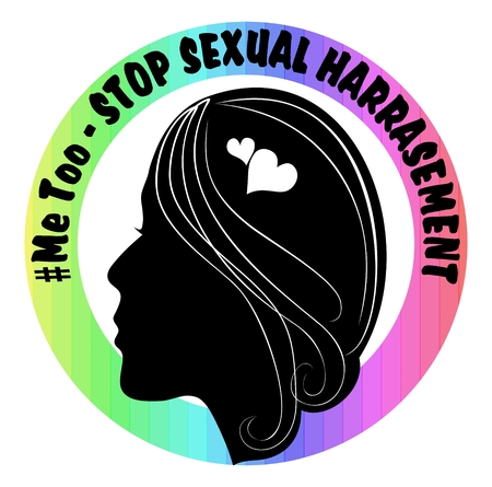 MeToo banner with black woman face profile silhouette, rainbow circle with headline, Campaign against sexual harassmentのイラスト素材