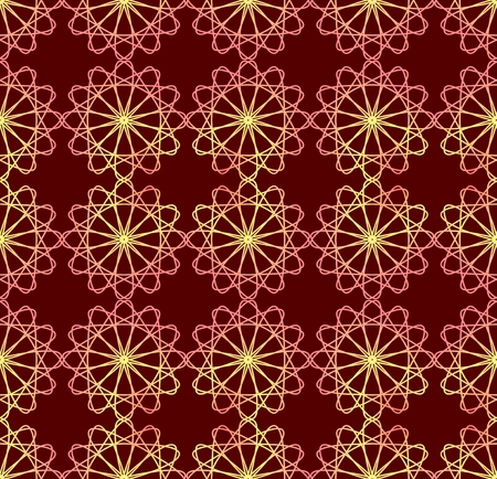 Fine red and yellow patterns on dark red background. Filigree symmetric shapes. seamles wallpaper ornamentの写真素材