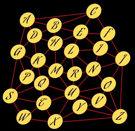 Alphabet in mesh, network with letters, abstract illustration with calligraphic letters in yellow circles, red mesh on black backgroundのイラスト素材