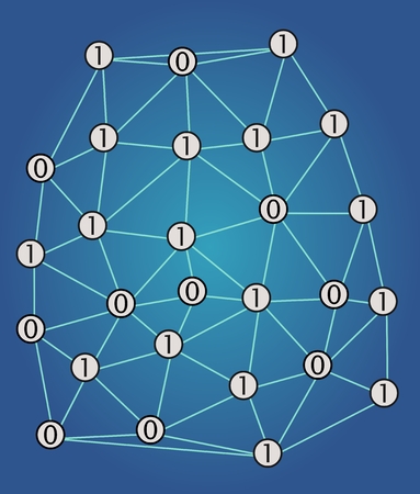 Digital network with binary code, numbers 1 and 0 randomly distributed in mesh on dark blue gradient background, abstract technologyのイラスト素材