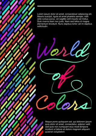 World of colors, flyer template with multicolored headline and variegated strips, black background, copy-space with sample text, vector templateのイラスト素材