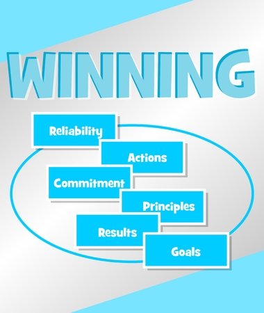Winning strategy. Business concept in simple blue design. Concepts Reliability Actions, commitment principles, results goals in multicolored speech bubbles.のイラスト素材