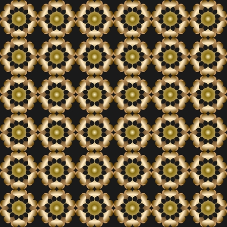 3d gold patterns on black background, seamless tile. Ancient ornament in art deco style, luxurious golden abstract motif, vector designのイラスト素材