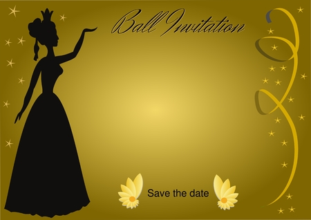 Luxurious ball invitation with vintage lady silhouette on golden gradient background with golden ribbons and small golden stars, vector templateのイラスト素材