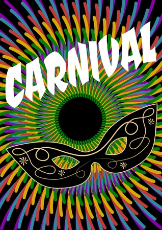 Carnival multicolored background with decorated mask and white lettering, carnival invitation leaflet, flyer, decoration template, vector templateのイラスト素材