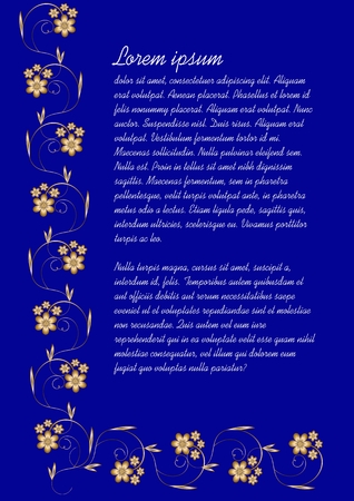 Dark blue background with elegant gold vintage flourish ornament. Vector template for announcement, leaflet, flyer, copy-space white sample text, vector templateのイラスト素材