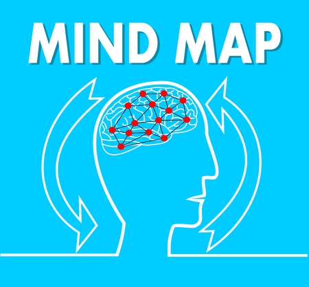 Mind map, line silhouette of human head with brain and red dots, delaunay triangle mesh, two arrows presenting cycleのイラスト素材