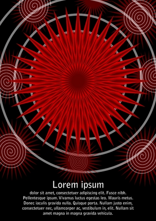 Red abstract 3d star shape and white spirals on black background, copy-space with sample text, attractive leaflet, poster, flyer designのイラスト素材