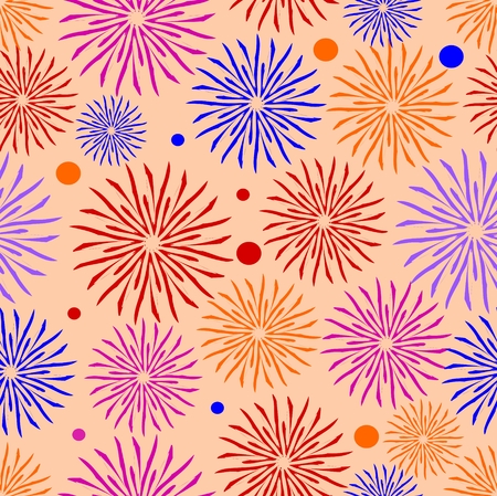 Joyful textile patterns on coral background, colorful flowers seamless design, pattern for bedding, blanket, children textile, vector designのイラスト素材