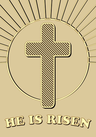 Easter religious motif with golden cross in circle rays and inscription He is risen. gold design on light golden backgroundのイラスト素材