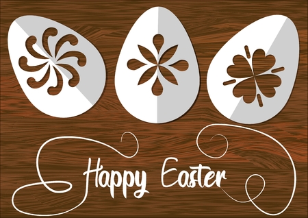 easter decoration banner with paper cut eggs on dark wooden background and happy easter inscriptionのイラスト素材