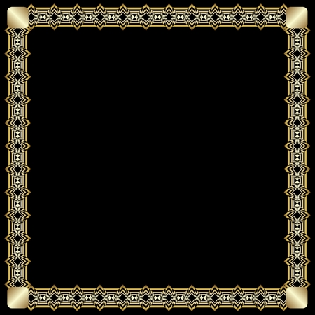 Elegant square border with 3d embossed effect. Ornate luxurious golden frame in art deco style on black background. Unusual decorative label design, vector illustrationのイラスト素材