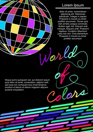 World of colors, flyer template with multicolored headline, globe shape and variegated strips, black background, copy-space with sample text, vector templateのイラスト素材