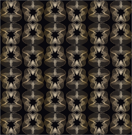 Fine gold patterns on black background. Filigree ornament, luxurious golden abstract motif, vector designのイラスト素材