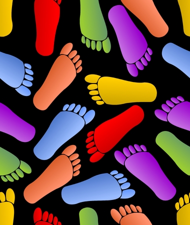 Multicolored footprints on black background, human traces in red, green, orange, purple and yellow colors, seamless background, fabric patterns, textile ornamentのイラスト素材