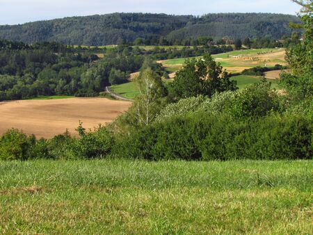 Rural hilly landscape, country with green meadow in summer, plowed field, Czech republicの写真素材