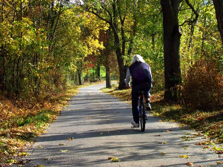 cyclist riding the road in autumn landscapeの写真素材