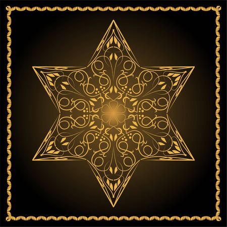 Star of David, jewish religious symbol in golden filigree design on black background. David star with inner glow and fine golden frame.のイラスト素材