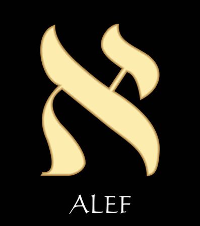 Hebrew letter alef, first letter of hebrew alphabet, meaning is head of a bull, gold design on black backgroundのイラスト素材