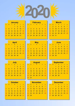 Calendar 2020 in sun colors, months in yellow frames on light blue background.のイラスト素材