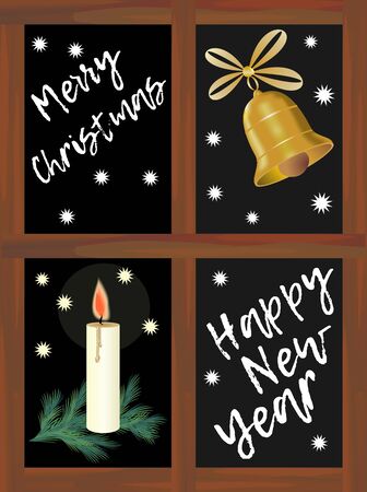 Christmas window, christmas motifs golden bell and candle with green spruce branch in wooden window frame, merry Christmas and Happy New Year, black night background, christmas card vector templateのイラスト素材