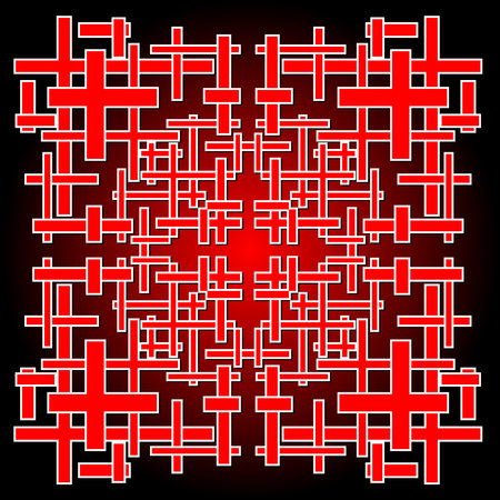 Abstract black tile with red patterns composed in crossed elements, symmetric abstract design on...