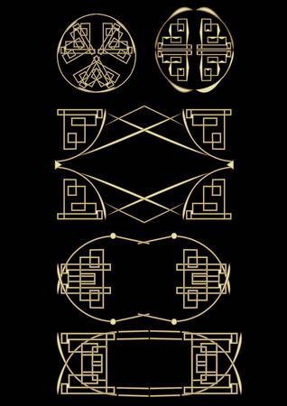 Golden decorative patterns in art deco style. Elegant ornaments on black background, circle and rectangle shapes. Vector desing element.のイラスト素材