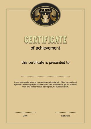 Certificate of achievement with Best award logo, gold ribbon and royal crown symbol, elegant luxurious template with text sampleのイラスト素材
