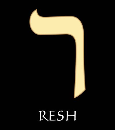 Hebrew letter resh, twentieth letter of hebrew alphabet, meaning is head, gold design on black backgroundのイラスト素材