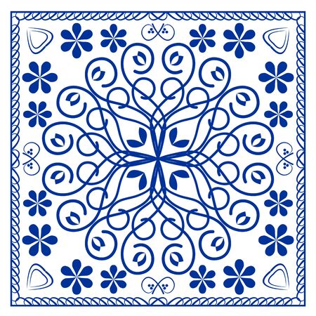 Blue ceramics tile design, symmetric cobalt patterns on white background, ceramic in portuguese or spain style, azulejoのイラスト素材