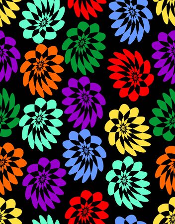 Stylized asymmetrical simple flowers in different vivid colors on black background. Seamless background for fabric and textile design,のイラスト素材